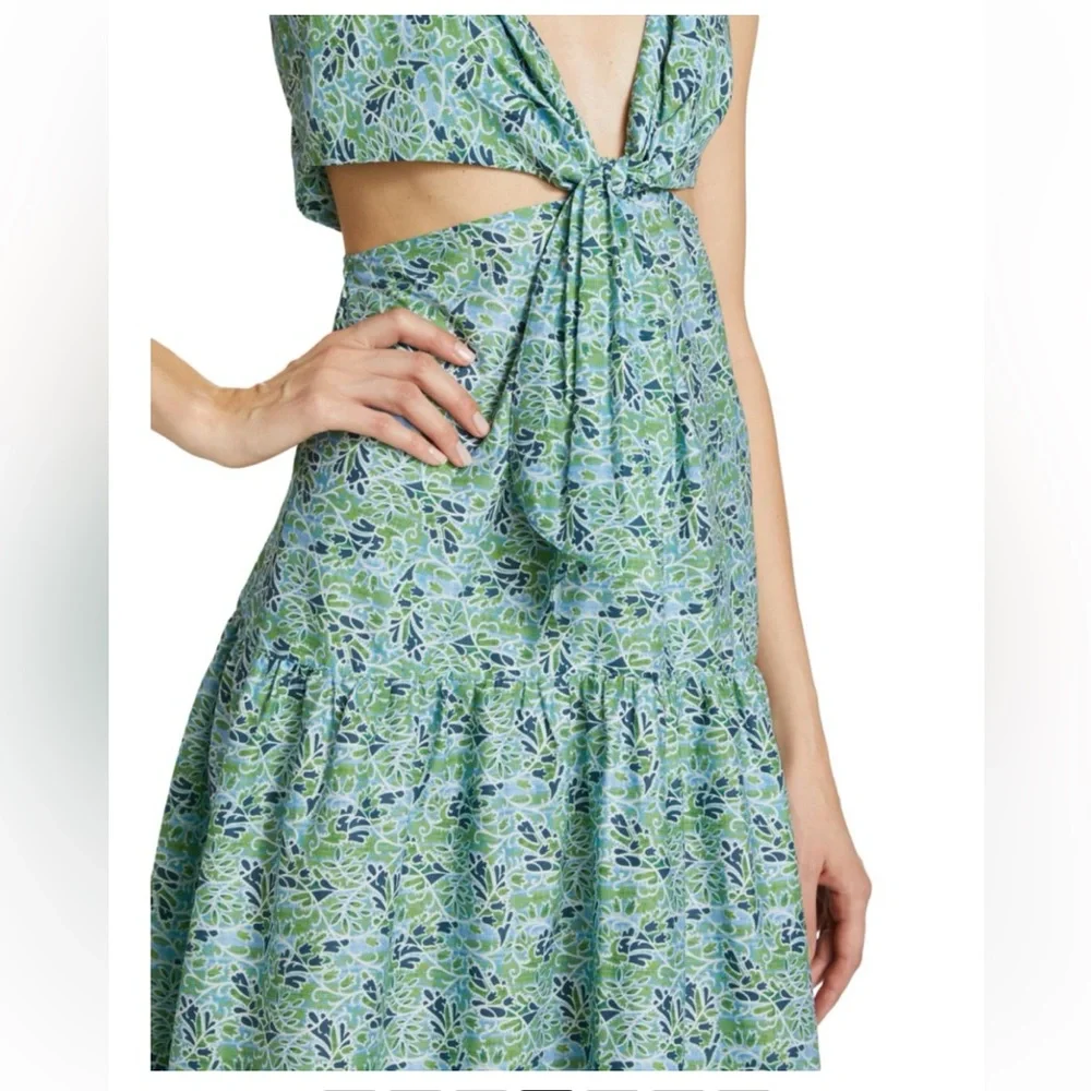CINQ À SEPT Davian Cut Out Blue Green Knotted Midi Dress, Size 2
